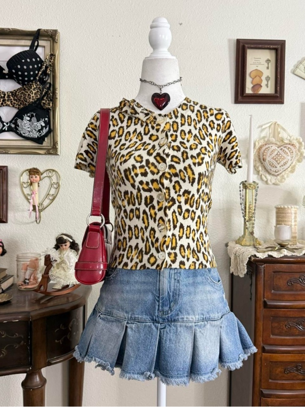Y2k twee scenecore cheetah print dainty cropped cardigan w bow